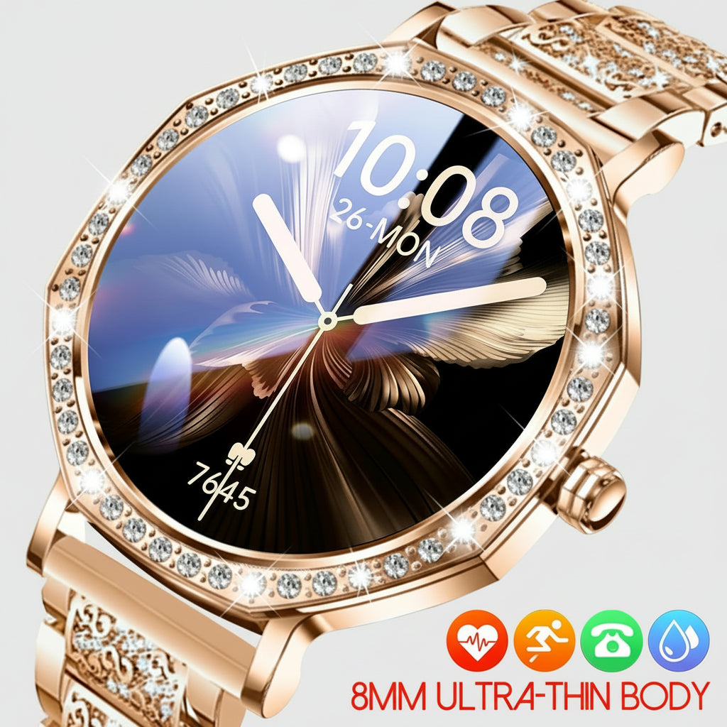 Gleelush AI Diamond Crown Watch – Luxury Gold Smartwatch for Women with AMOLED & Bluetooth Calling