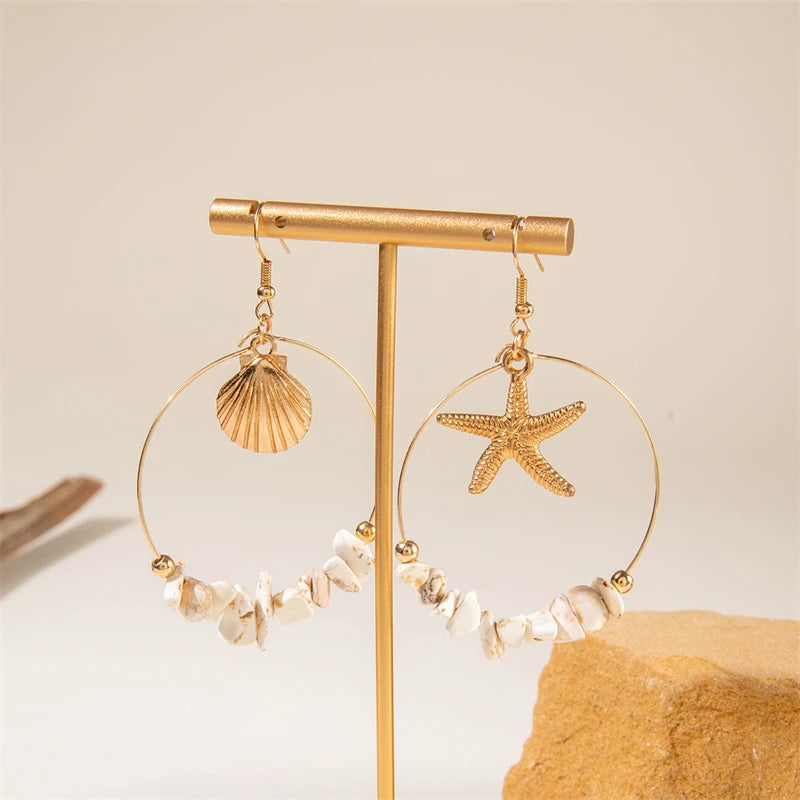 Vintage Asymmetrical Starfish Shell Pendant Earrings For Women Bohemian Irregular Stone Dripping Oil Metal Earring Beach Jewelry