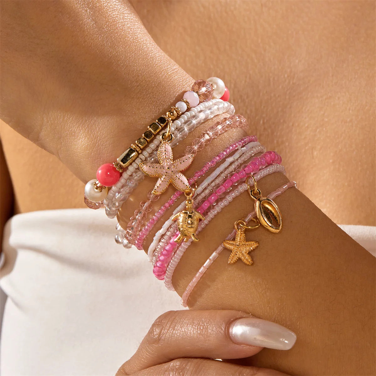 Fashion Multilayer Stacked Bracelets Set for Women Bohemian Shell Starfish Beaded Bracelets Summer Beach Party Jewelry Gift