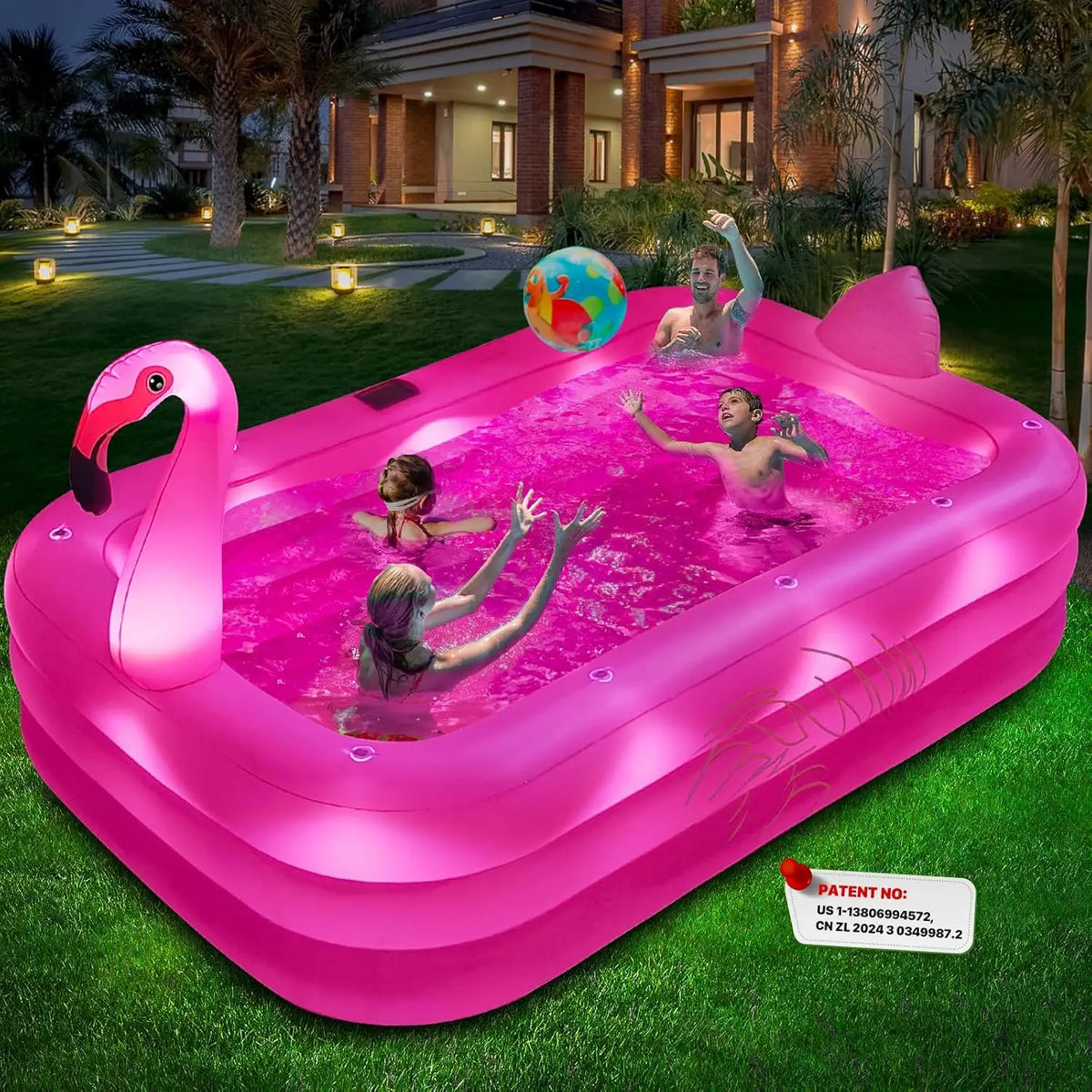 Solar Lighted Inflatable Flamingo Pool for Kids & Adults, Large 100