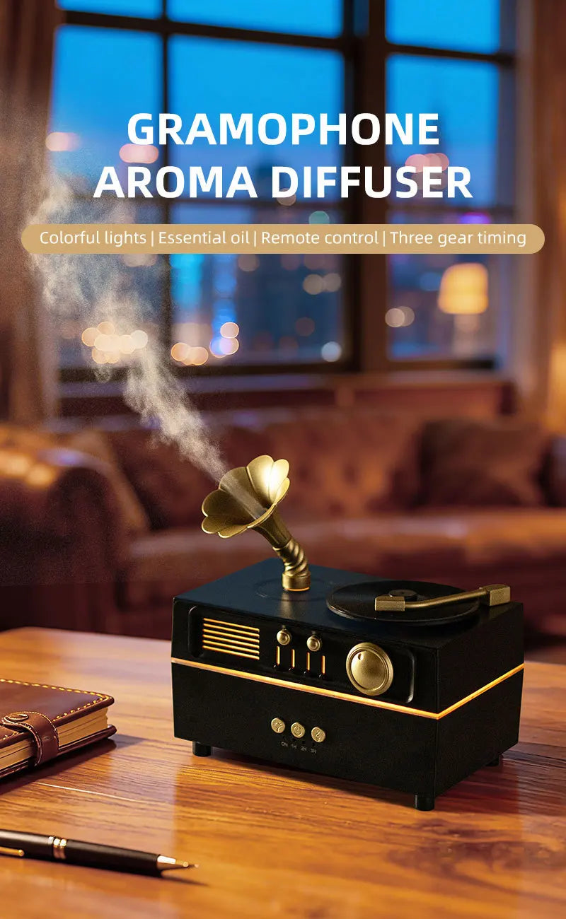 2026 New Upgrade Bluetooth Retro Phonograph Colorful Ultrasonic Essential Oil Aroma Humidifier for Office Desk