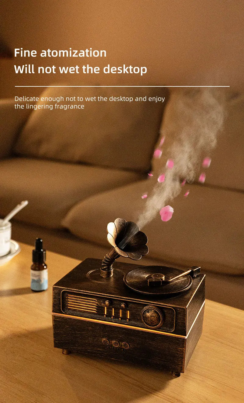 The Noir Phonograph — Bluetooth Aroma Diffuser with RGB Mood Light | Retro Gramophone Humidifier for Home & Office Desk