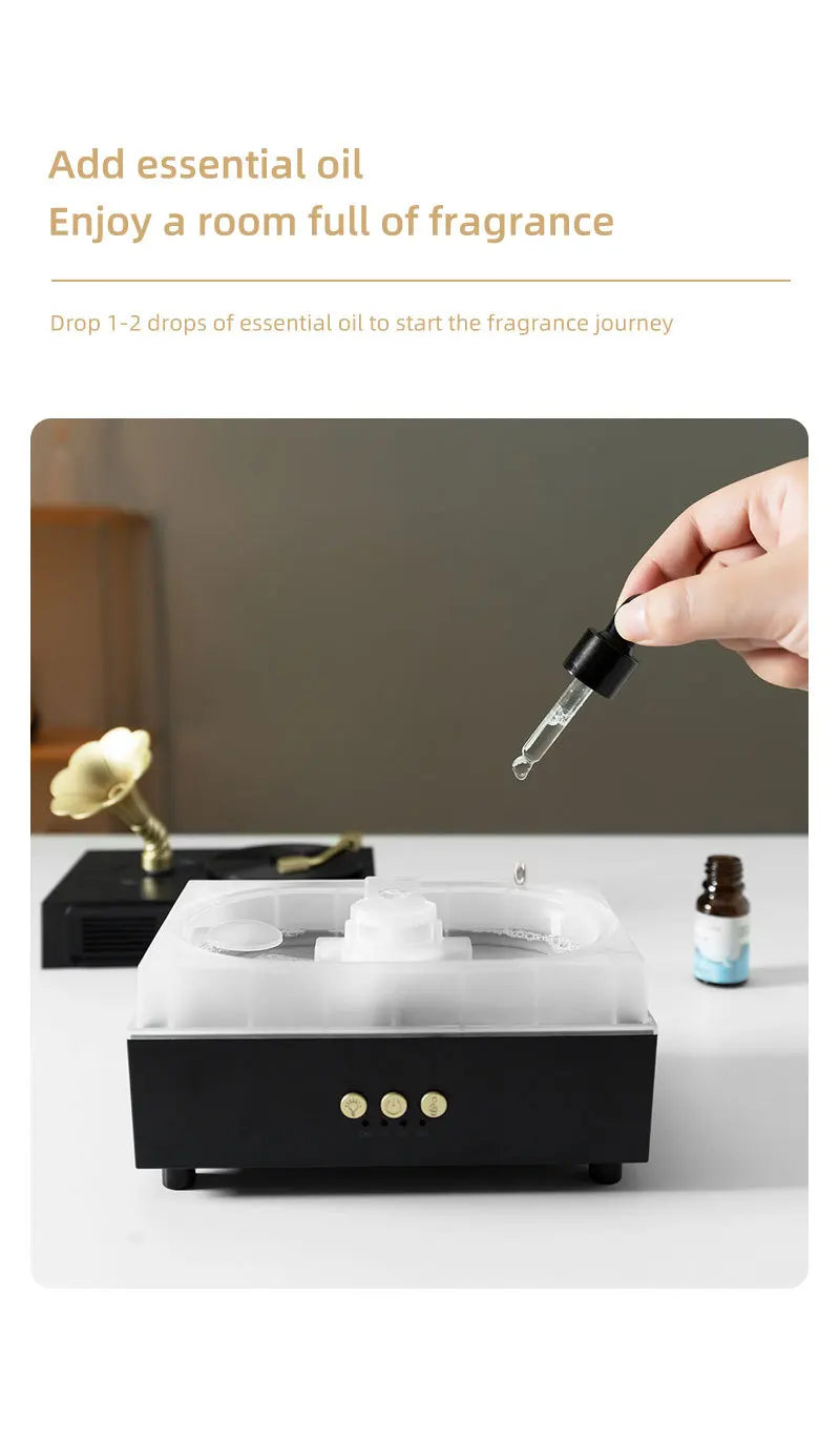 The Noir Phonograph — Bluetooth Aroma Diffuser with RGB Mood Light | Retro Gramophone Humidifier for Home & Office Desk