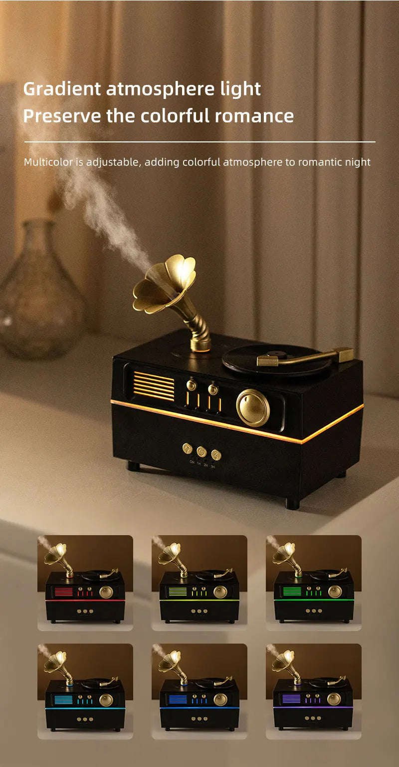 The Noir Phonograph — Bluetooth Aroma Diffuser with RGB Mood Light | Retro Gramophone Humidifier for Home & Office Desk