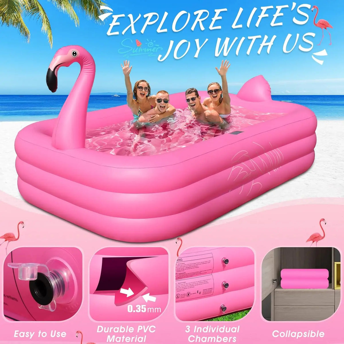 Solar Lighted Inflatable Flamingo Pool for Kids & Adults, Large 100