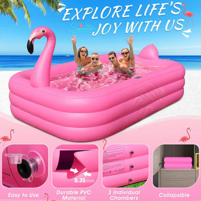 Solar Lighted Inflatable Flamingo Pool for Kids & Adults, Large 100"X63"X20" Backyard Outdoor Pink