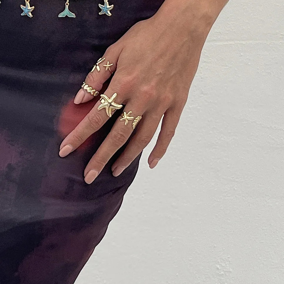 LATS 4Pcs/Set Starfish Scallop Adjustable Open Rings for Women Summer Trendy Geometric Gold Color Beach Jewelry Accessory