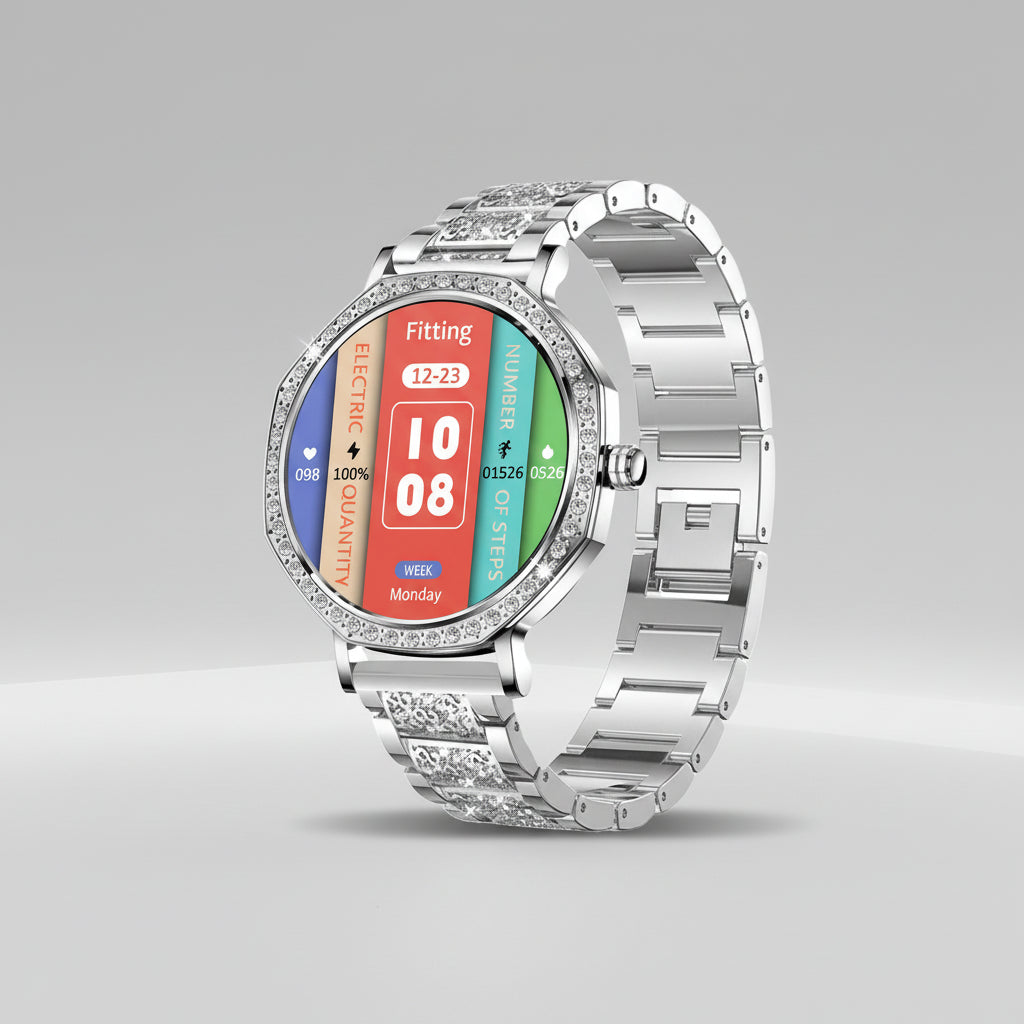 Gleelush AI Diamond Crown Watch – Luxury Gold Smartwatch for Women with AMOLED & Bluetooth Calling