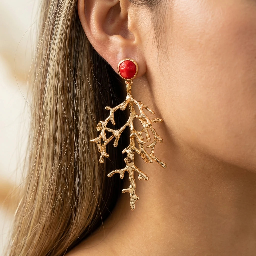 Boho Gold Color Coral Branch Earrings for Women Elegant 3D Textured Red Accents Dangle Earrings Summer Artistic Jewelry Gift