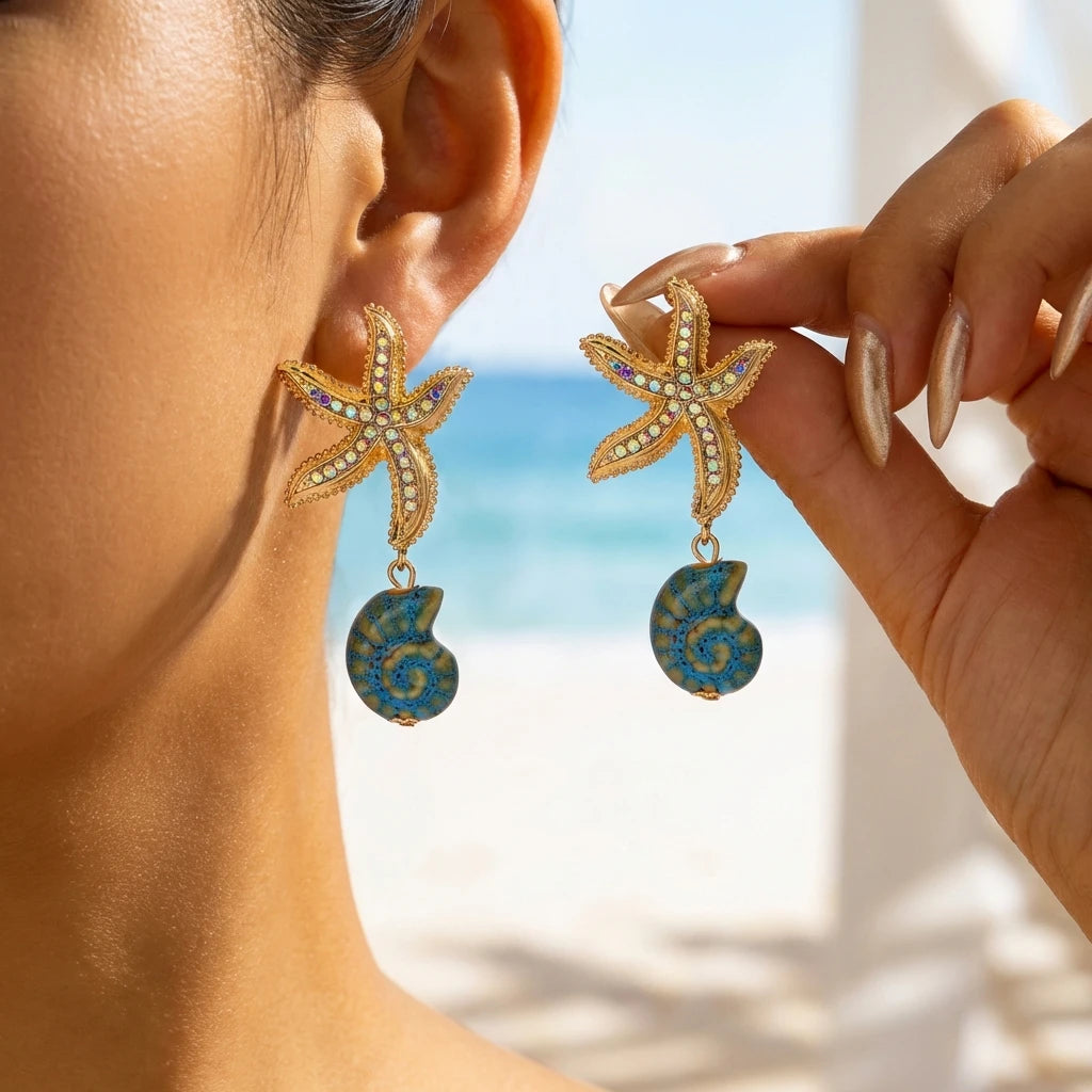 Bohemia Gold Color Starfish Hoop Earring for Women Vintage Exaggerate Metal Big Starfish Earring Beach Party Daily Wear Jewelry