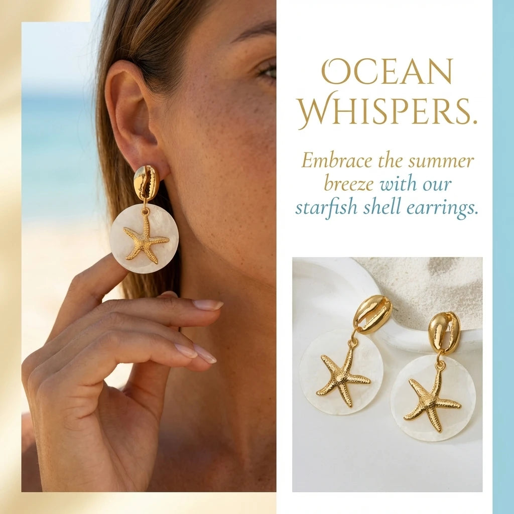 Boho Tropical Gold Color Starfish Earrings for Women Cowrie Shell Imitation Pearl Drop Ocean Animal Dangle Summer Beach Jewelry