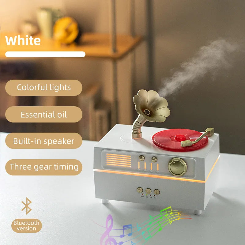 The Noir Phonograph — Bluetooth Aroma Diffuser with RGB Mood Light | Retro Gramophone Humidifier for Home & Office Desk