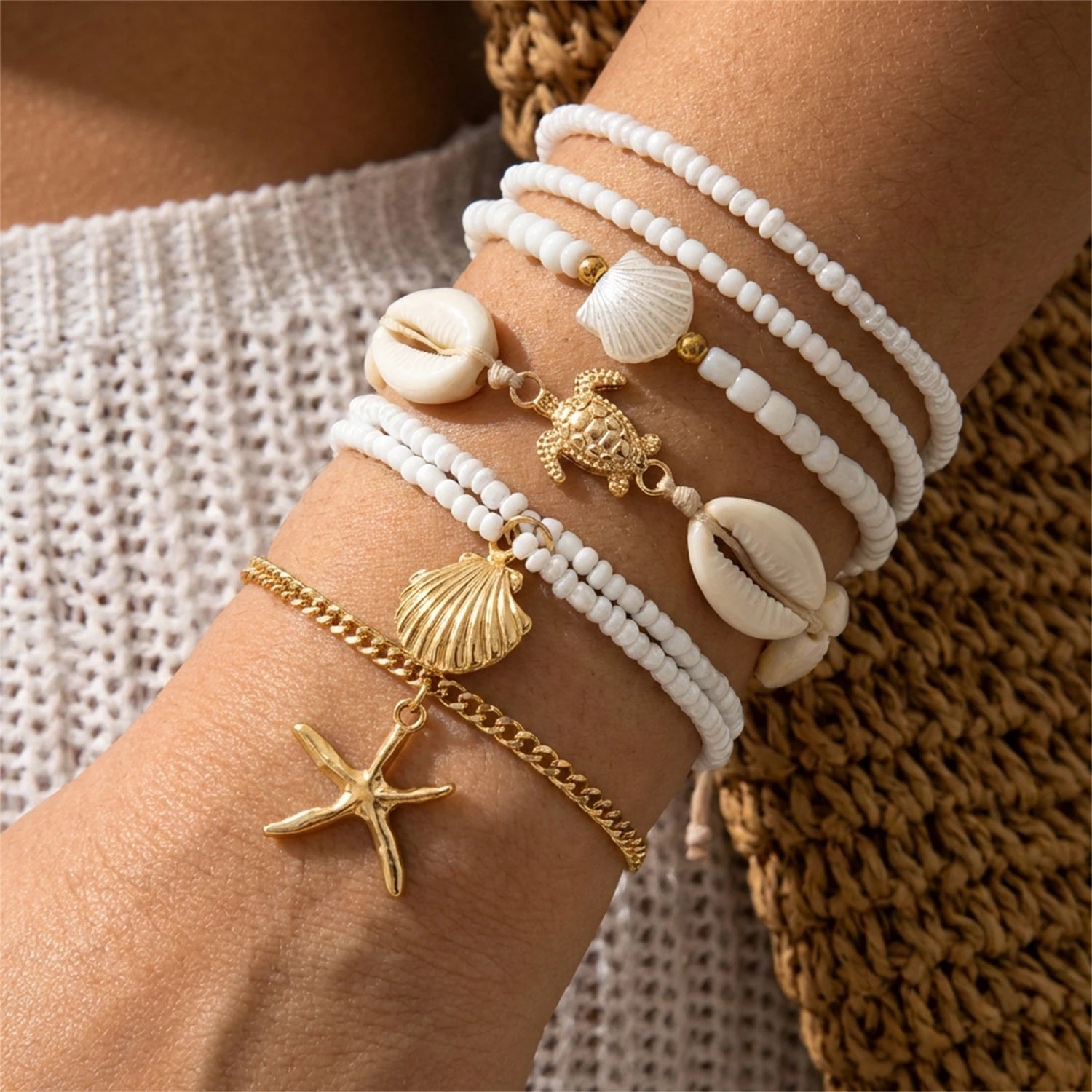 Fashion Starfish Shell Beaded Bracelet Set for Women Boho Imitation Pearl Sea Turtle Charm Elastic Bracelet Summer Jewelry Gift