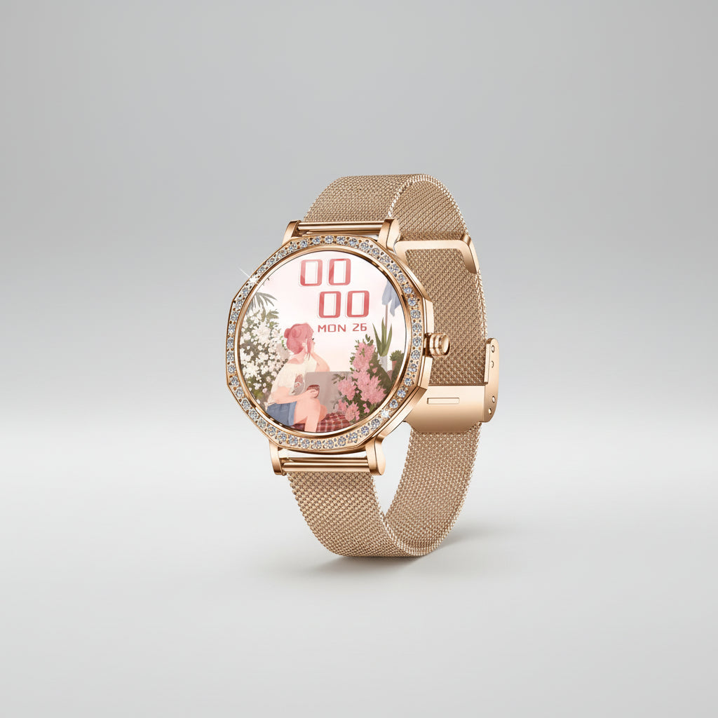 Gleelush AI Diamond Crown Watch – Luxury Gold Smartwatch for Women with AMOLED & Bluetooth Calling