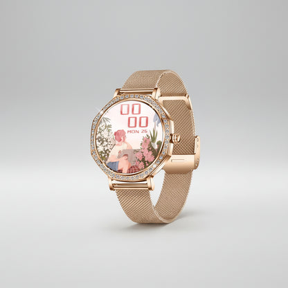 Gleelush AI Diamond Crown Watch – Luxury Gold Smartwatch for Women with AMOLED & Bluetooth Calling