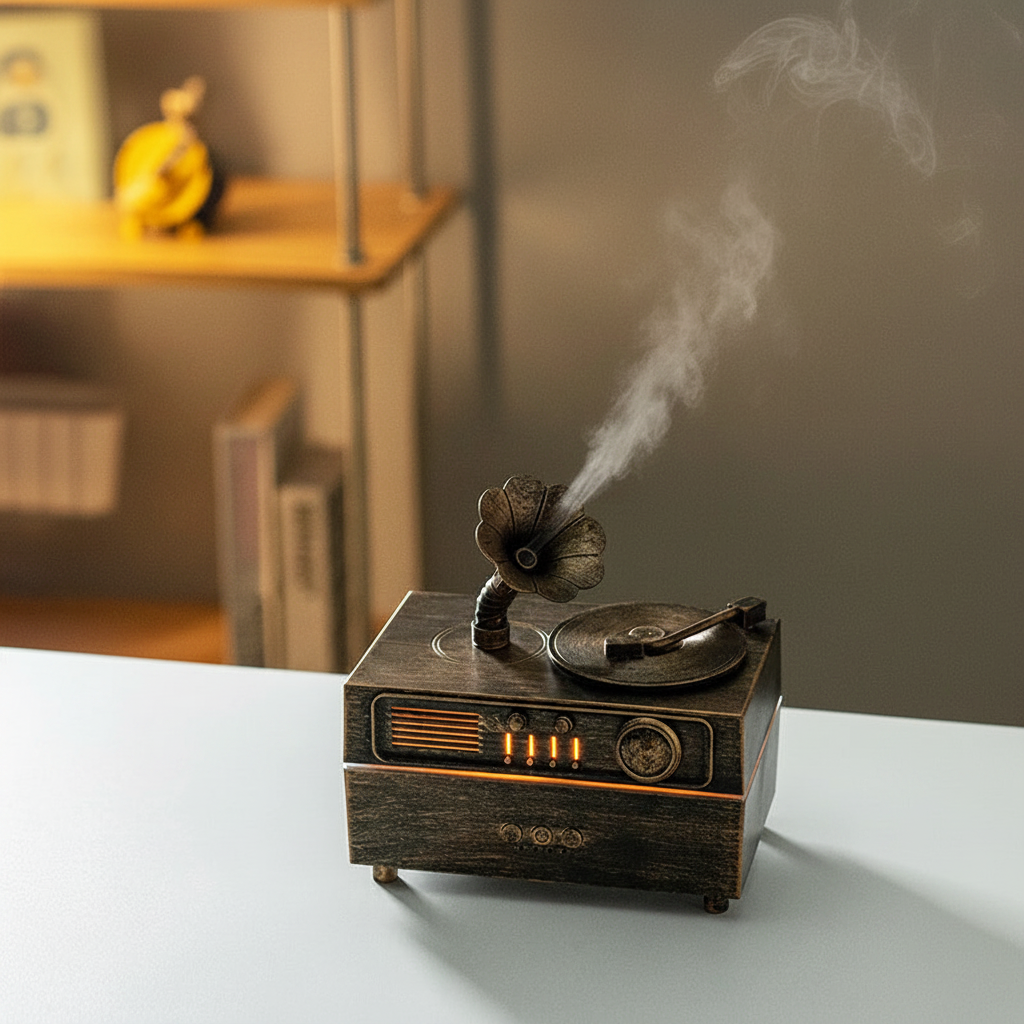 The Noir Phonograph — Bluetooth Aroma Diffuser with RGB Mood Light | Retro Gramophone Humidifier for Home & Office Desk