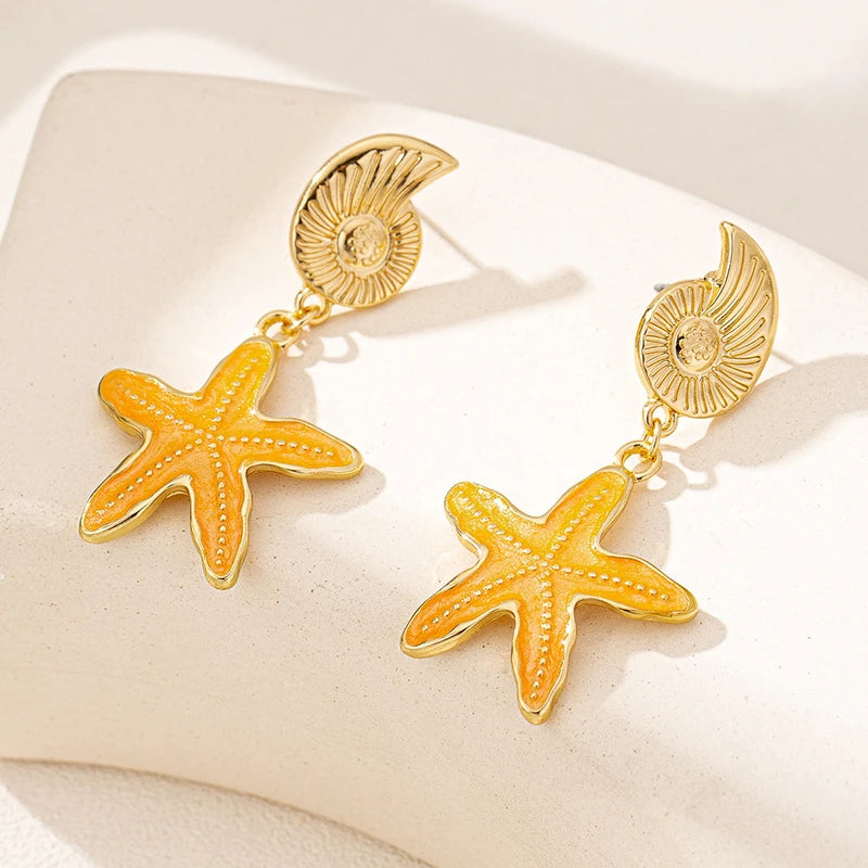 Vintage Asymmetrical Starfish Shell Pendant Earrings For Women Bohemian Irregular Stone Dripping Oil Metal Earring Beach Jewelry