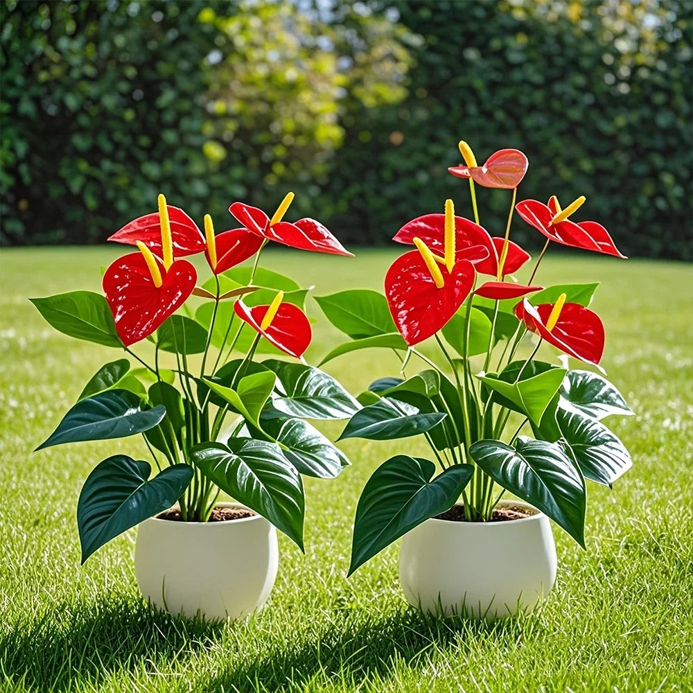 12-Headed Red Palm Artificial Flowers Flamingo Flower with Lush Green Leaves Fake Plants for Room Home Garden Outdoor Decoration