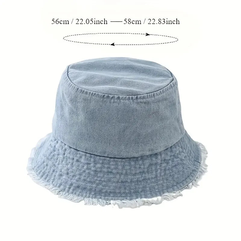 Durable Unisex Denim Bucket Hat - Frayed Brim, Cotton Basin, Foldable, Casual Fisherman Cap Style for Women and Men, Trendy