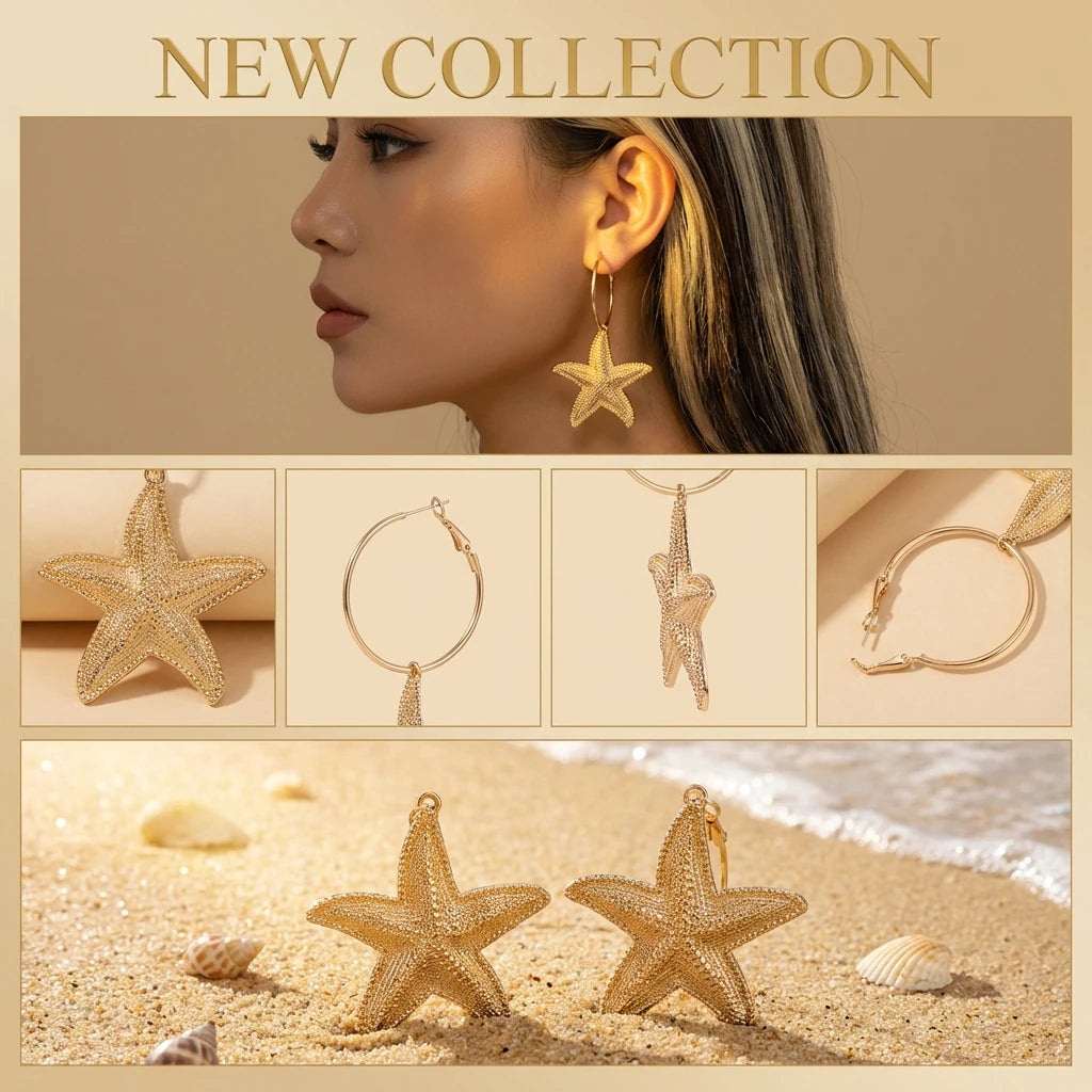 Bohemia Gold Color Starfish Hoop Earring for Women Vintage Exaggerate Metal Big Starfish Earring Beach Party Daily Wear Jewelry