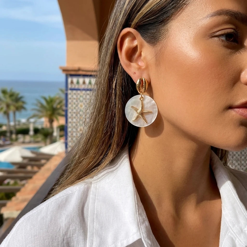 Boho Tropical Gold Color Starfish Earrings for Women Cowrie Shell Imitation Pearl Drop Ocean Animal Dangle Summer Beach Jewelry