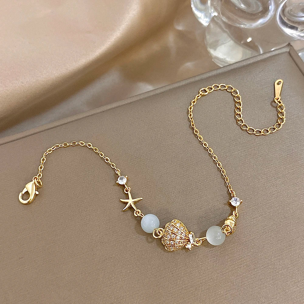 New Stainless Steel Starfish Scallop Conch Charm Bracelet for Women Trend Crystal Bead Bracelet Summer Beach Jewelry Accessories