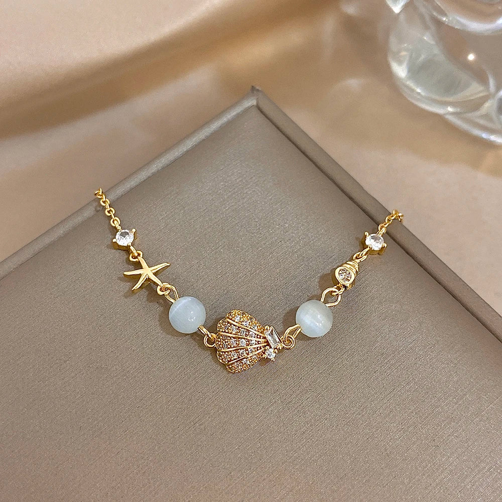 New Stainless Steel Starfish Scallop Conch Charm Bracelet for Women Trend Crystal Bead Bracelet Summer Beach Jewelry Accessories