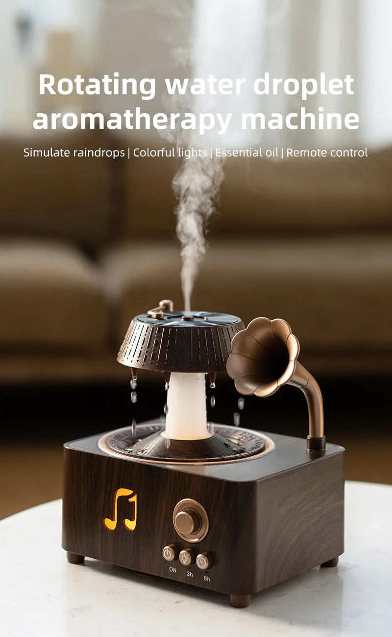 The Sanctuary Diffuser — Rain Drop Aroma Humidifier with Remote Control & 7-Color Lighting | 250ml | Vintage Gramophone Style