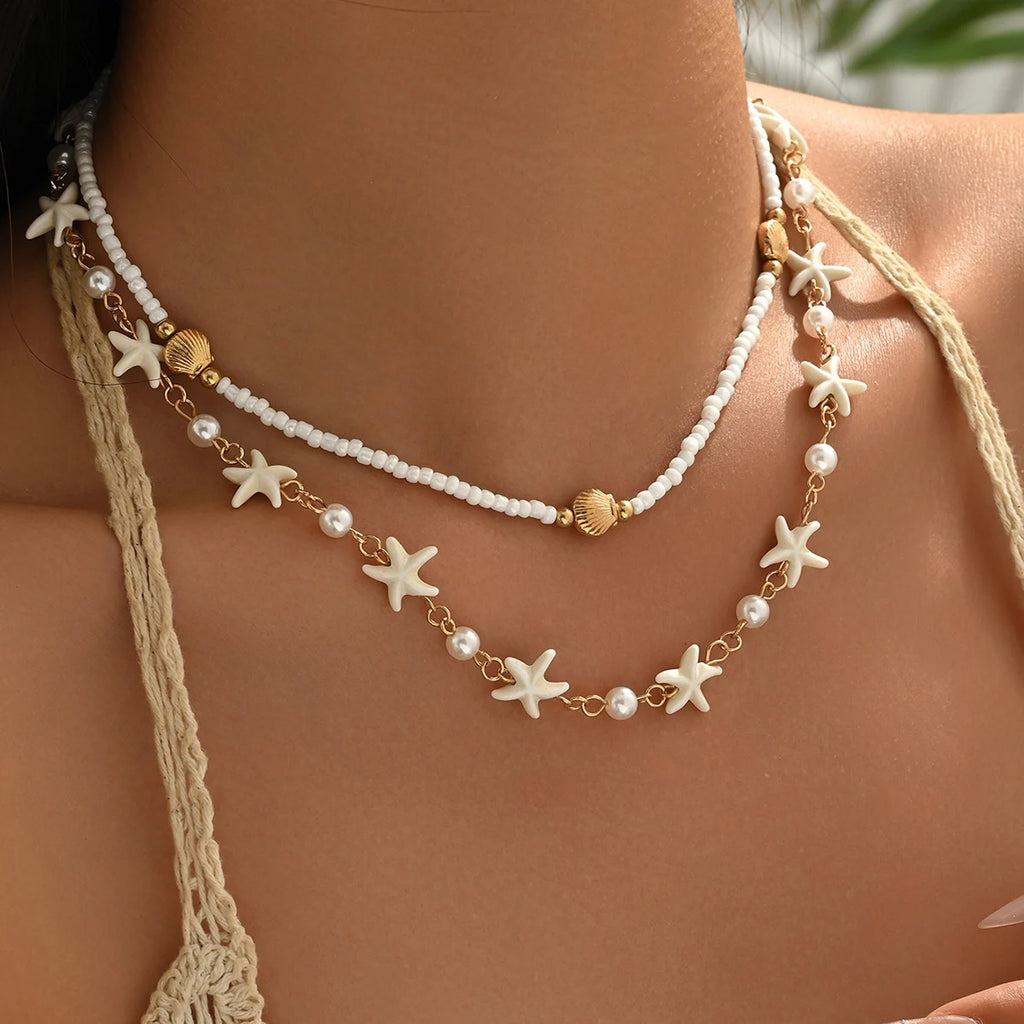 Boho 2 Layered Starfish Seashell Pearl Beaded Choker Necklace for Women Summer Beach Festival Vacation Daily Wear Gift