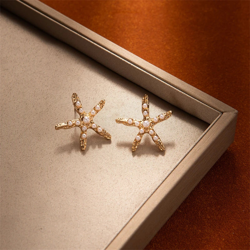 Vintage Asymmetrical Starfish Shell Pendant Earrings For Women Bohemian Irregular Stone Dripping Oil Metal Earring Beach Jewelry