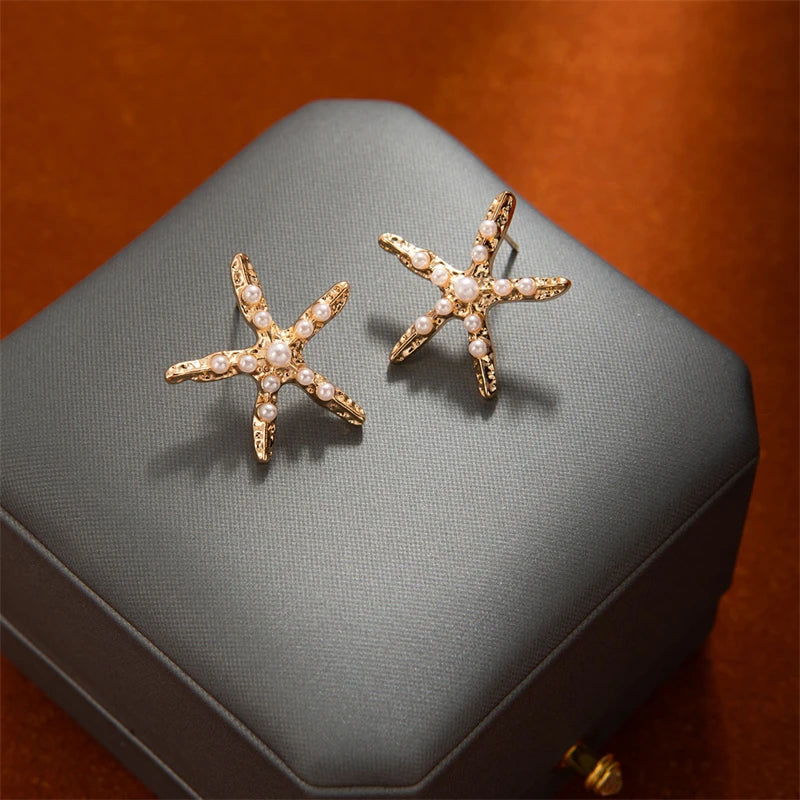 Vintage Asymmetrical Starfish Shell Pendant Earrings For Women Bohemian Irregular Stone Dripping Oil Metal Earring Beach Jewelry