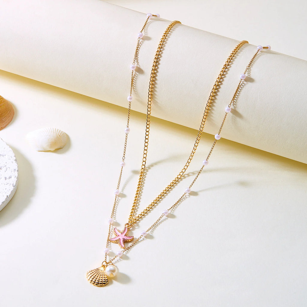 Double Layered Imitation Pearl Starfish Shell Pendant Necklace for Women Ocean Style Summer Beach Jewelry Travel Party Gift