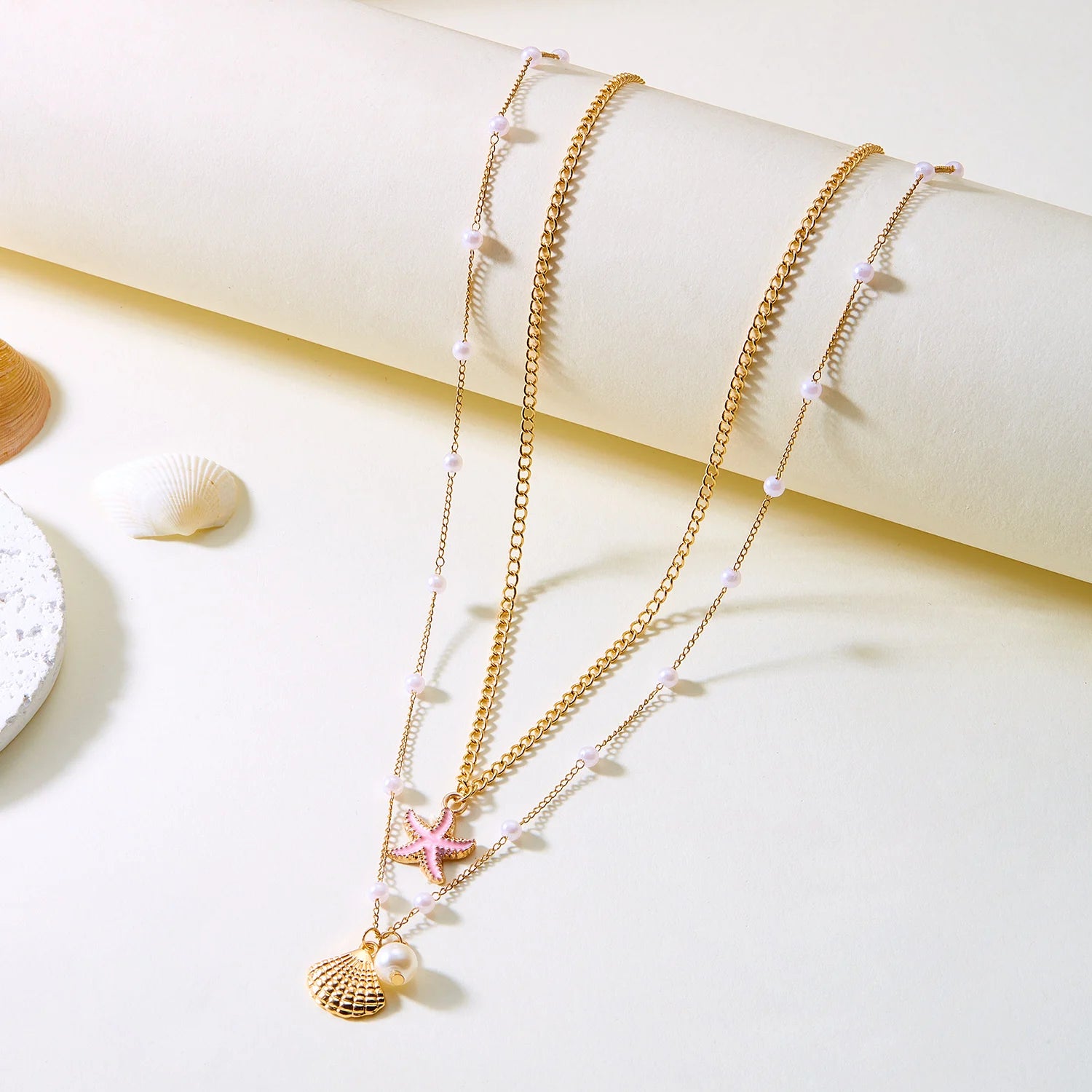 Double Layered Imitation Pearl Starfish Shell Pendant Necklace for Women Ocean Style Summer Beach Jewelry Travel Party Gift