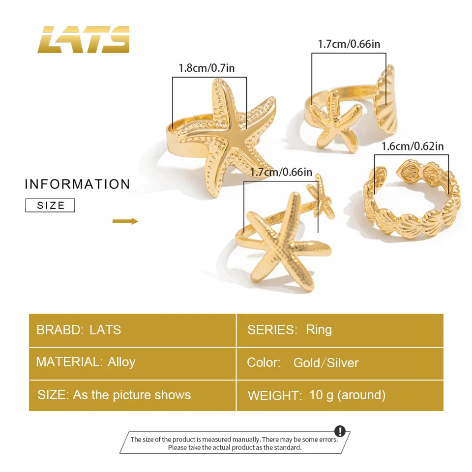 LATS 4Pcs/Set Starfish Scallop Adjustable Open Rings for Women Summer Trendy Geometric Gold Color Beach Jewelry Accessory