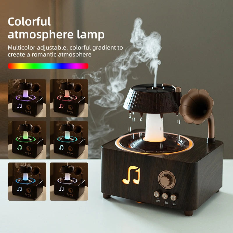 Aromatherapy Spray Humidifier 250ml with Remote Control and 7-Color Ambient Lighting Bedroom Rain Drop Vintage Gramophone-Style