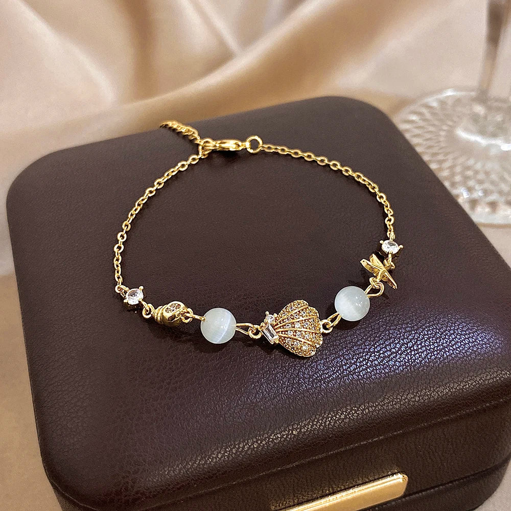 New Stainless Steel Starfish Scallop Conch Charm Bracelet for Women Trend Crystal Bead Bracelet Summer Beach Jewelry Accessories