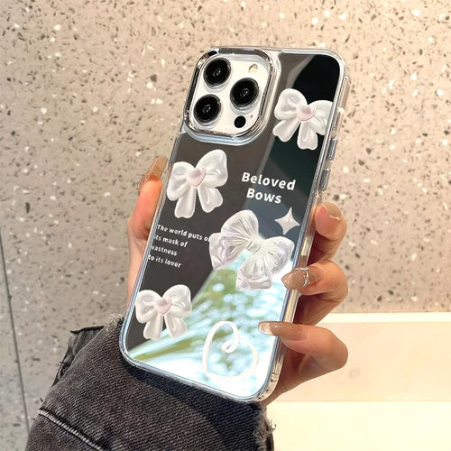 Cute Bowknot Phone Case For iPhone 16 15 14 13 12 11 17 Pro Max XR X XS Max Luxury Plating Make Up Mirror Shockproof Soft Cover