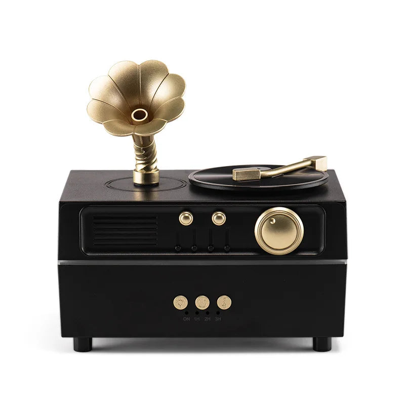 The Noir Phonograph — Bluetooth Aroma Diffuser with RGB Mood Light | Retro Gramophone Humidifier for Home & Office Desk