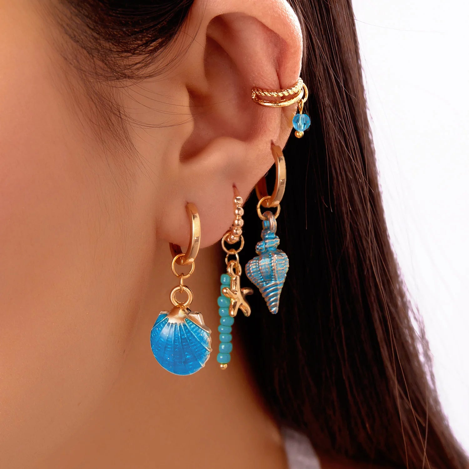 4Pcs Colorful Shell Conch Earrings Set For Women Bohemian Ocean Style Starfish Pendant Beaded Ear Bone Clip Girls Beach Jewelry