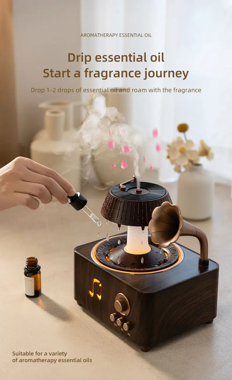 The Sanctuary Diffuser — Rain Drop Aroma Humidifier with Remote Control & 7-Color Lighting | 250ml | Vintage Gramophone Style