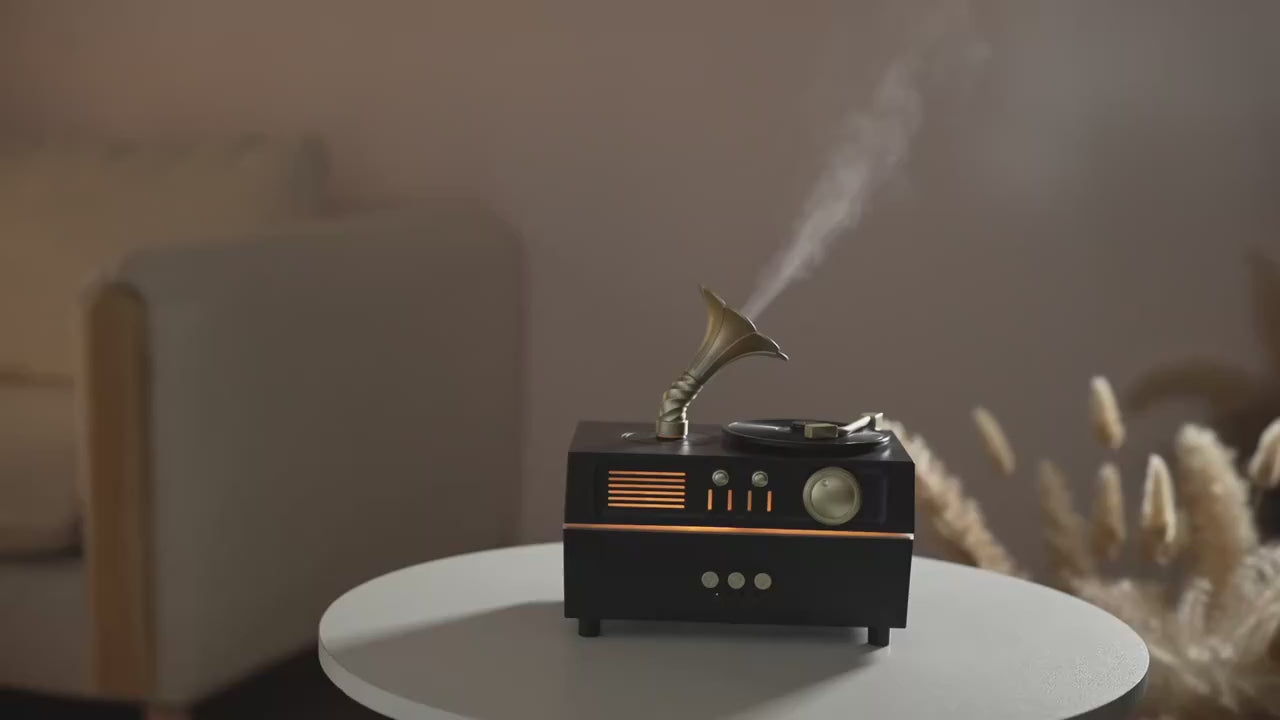 The Noir Phonograph — Bluetooth Aroma Diffuser with RGB Mood Light | Retro Gramophone Humidifier for Home & Office Desk