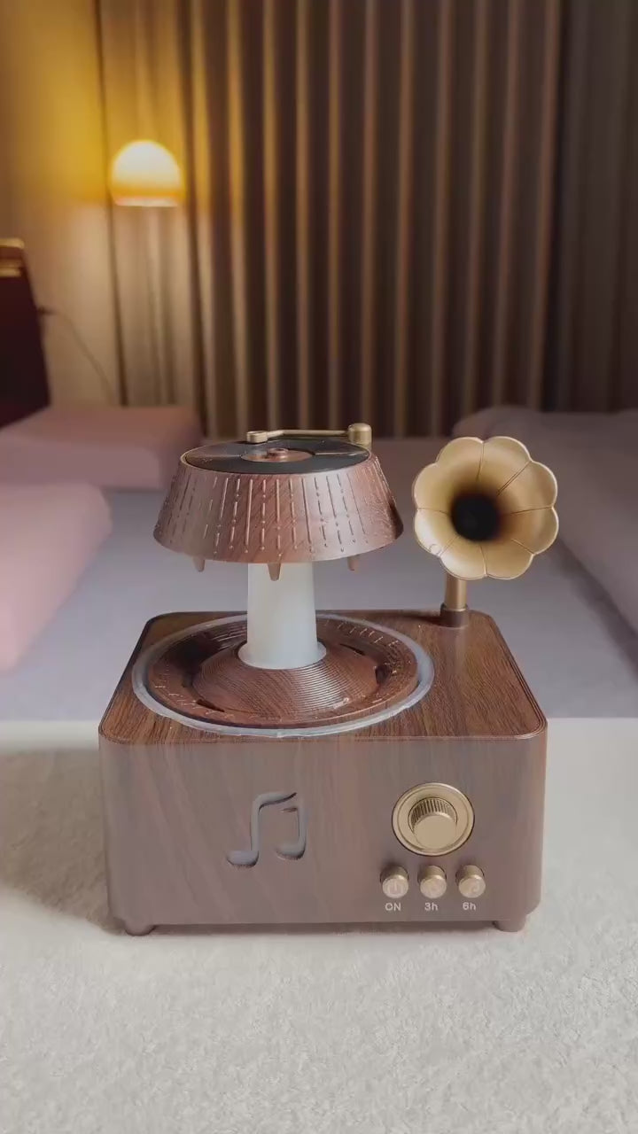The Sanctuary Diffuser — Rain Drop Aroma Humidifier with Remote Control & 7-Color Lighting | 250ml | Vintage Gramophone Style